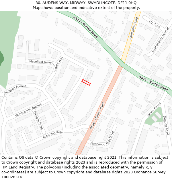 30, AUDENS WAY, MIDWAY, SWADLINCOTE, DE11 0HQ: Location map and indicative extent of plot