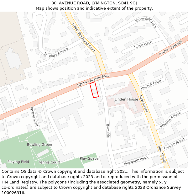 30, AVENUE ROAD, LYMINGTON, SO41 9GJ: Location map and indicative extent of plot