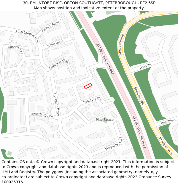 30, BALINTORE RISE, ORTON SOUTHGATE, PETERBOROUGH, PE2 6SP: Location map and indicative extent of plot