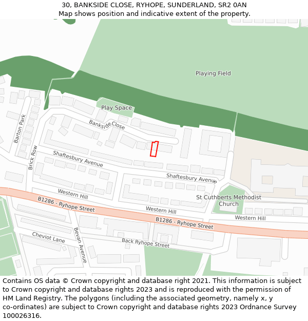 30, BANKSIDE CLOSE, RYHOPE, SUNDERLAND, SR2 0AN: Location map and indicative extent of plot