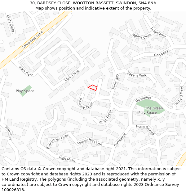 30, BARDSEY CLOSE, WOOTTON BASSETT, SWINDON, SN4 8NA: Location map and indicative extent of plot