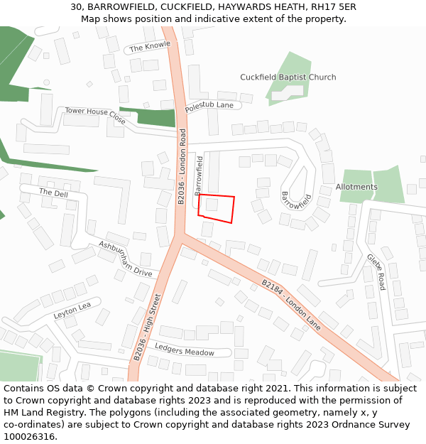 30, BARROWFIELD, CUCKFIELD, HAYWARDS HEATH, RH17 5ER: Location map and indicative extent of plot