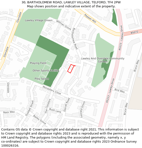 30, BARTHOLOMEW ROAD, LAWLEY VILLAGE, TELFORD, TF4 2PW: Location map and indicative extent of plot