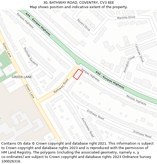 30, BATHWAY ROAD, COVENTRY, CV3 6EE: Location map and indicative extent of plot