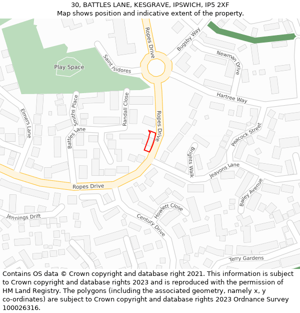 30, BATTLES LANE, KESGRAVE, IPSWICH, IP5 2XF: Location map and indicative extent of plot