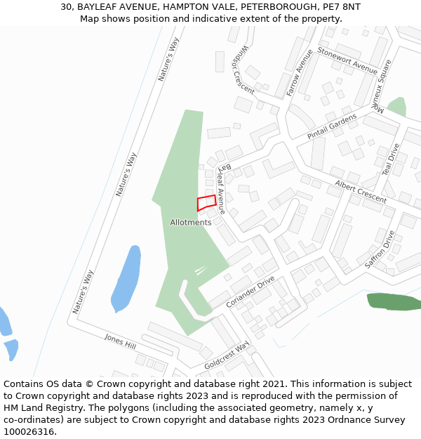 30, BAYLEAF AVENUE, HAMPTON VALE, PETERBOROUGH, PE7 8NT: Location map and indicative extent of plot