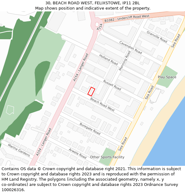 30, BEACH ROAD WEST, FELIXSTOWE, IP11 2BL: Location map and indicative extent of plot