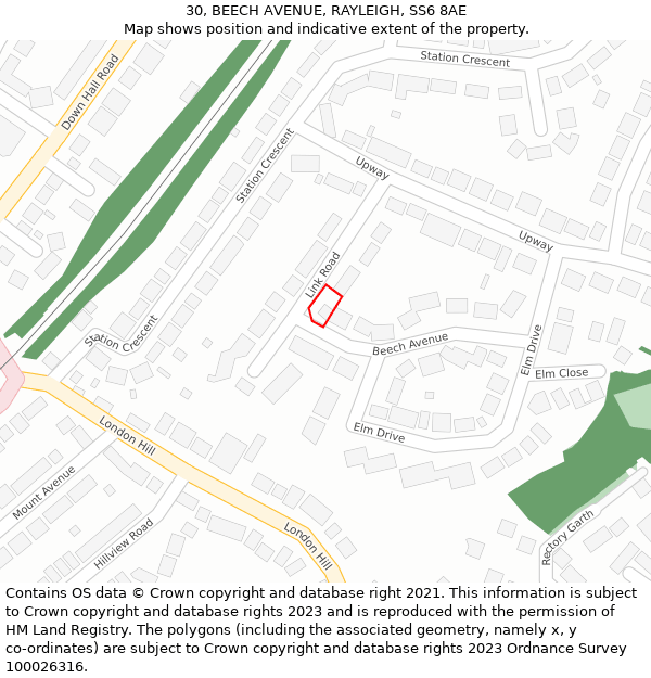 30, BEECH AVENUE, RAYLEIGH, SS6 8AE: Location map and indicative extent of plot