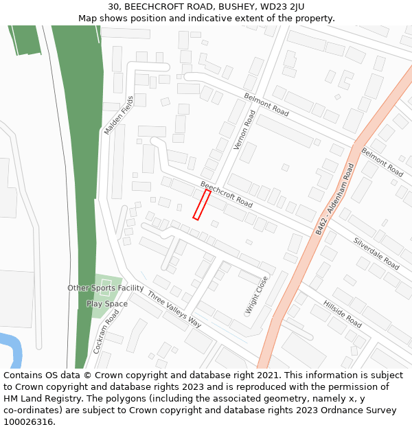 30, BEECHCROFT ROAD, BUSHEY, WD23 2JU: Location map and indicative extent of plot