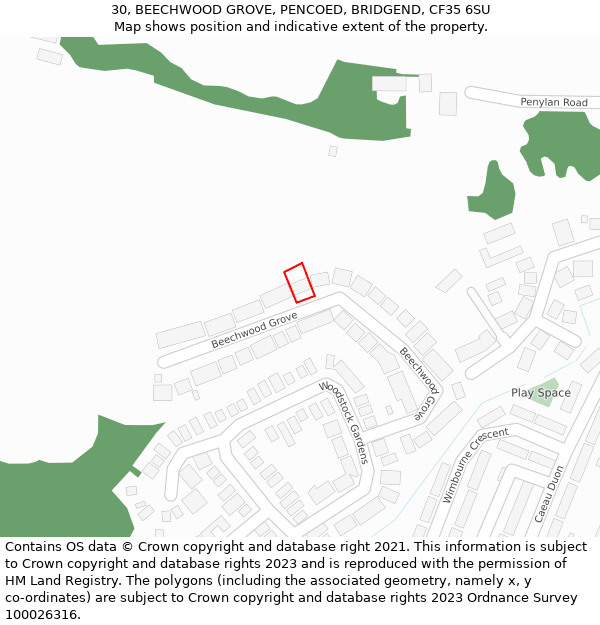 30, BEECHWOOD GROVE, PENCOED, BRIDGEND, CF35 6SU: Location map and indicative extent of plot