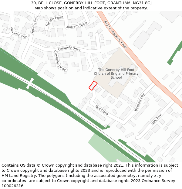 30, BELL CLOSE, GONERBY HILL FOOT, GRANTHAM, NG31 8GJ: Location map and indicative extent of plot