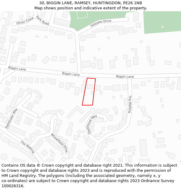 30, BIGGIN LANE, RAMSEY, HUNTINGDON, PE26 1NB: Location map and indicative extent of plot