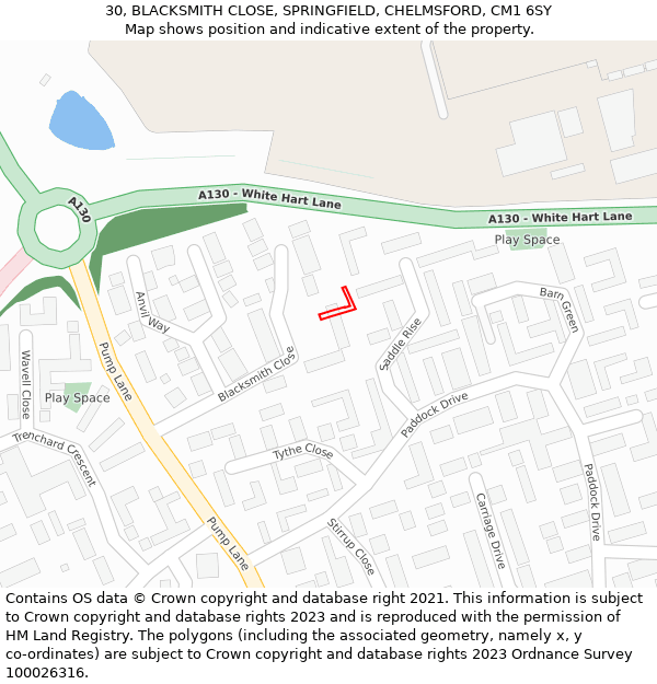 30, BLACKSMITH CLOSE, SPRINGFIELD, CHELMSFORD, CM1 6SY: Location map and indicative extent of plot