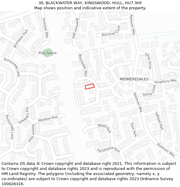 30, BLACKWATER WAY, KINGSWOOD, HULL, HU7 3HF: Location map and indicative extent of plot