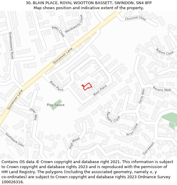 30, BLAIN PLACE, ROYAL WOOTTON BASSETT, SWINDON, SN4 8FP: Location map and indicative extent of plot