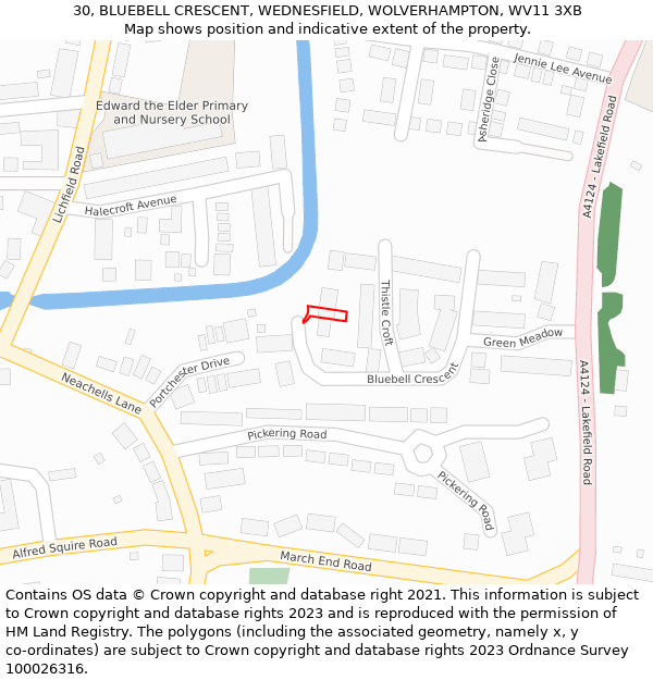 30, BLUEBELL CRESCENT, WEDNESFIELD, WOLVERHAMPTON, WV11 3XB: Location map and indicative extent of plot