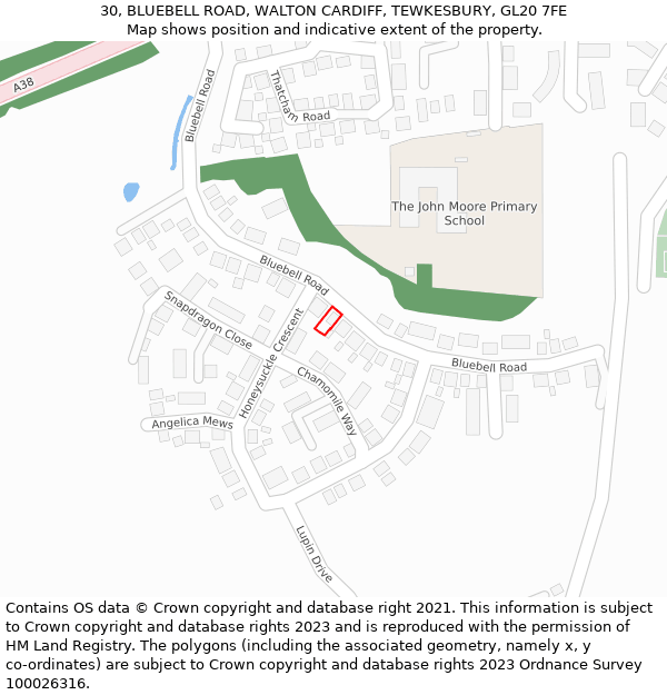 30, BLUEBELL ROAD, WALTON CARDIFF, TEWKESBURY, GL20 7FE: Location map and indicative extent of plot