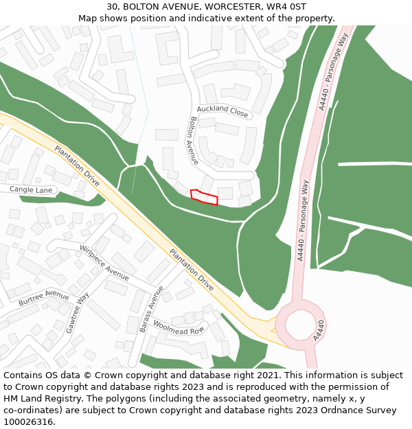 30, BOLTON AVENUE, WORCESTER, WR4 0ST: Location map and indicative extent of plot