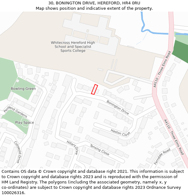 30, BONINGTON DRIVE, HEREFORD, HR4 0RU: Location map and indicative extent of plot