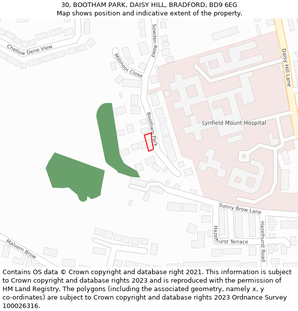 30, BOOTHAM PARK, DAISY HILL, BRADFORD, BD9 6EG: Location map and indicative extent of plot
