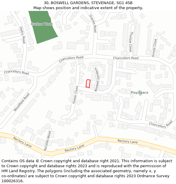 30, BOSWELL GARDENS, STEVENAGE, SG1 4SB: Location map and indicative extent of plot