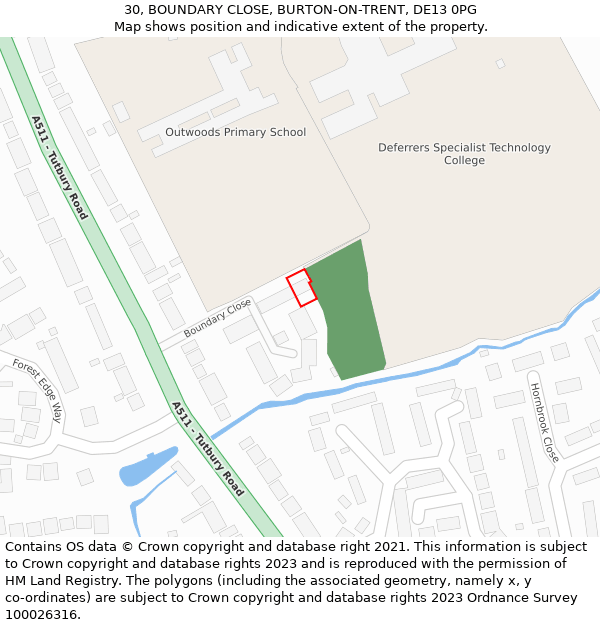 30, BOUNDARY CLOSE, BURTON-ON-TRENT, DE13 0PG: Location map and indicative extent of plot
