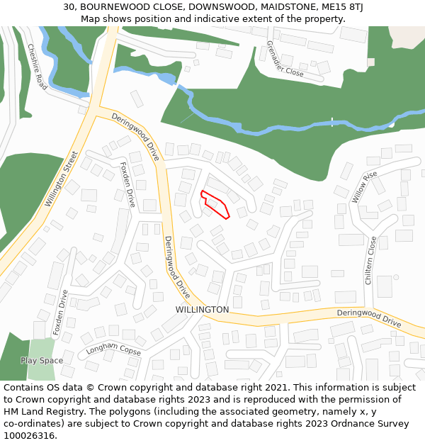 30, BOURNEWOOD CLOSE, DOWNSWOOD, MAIDSTONE, ME15 8TJ: Location map and indicative extent of plot