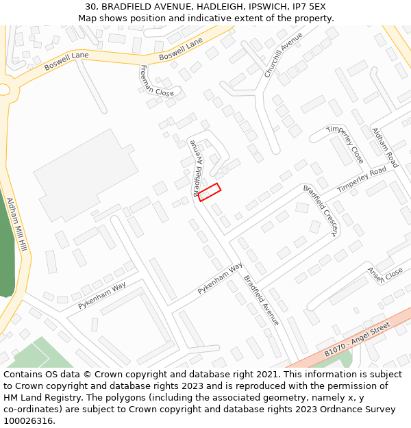 30, BRADFIELD AVENUE, HADLEIGH, IPSWICH, IP7 5EX: Location map and indicative extent of plot