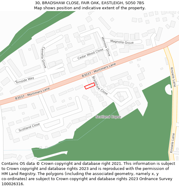 30, BRADSHAW CLOSE, FAIR OAK, EASTLEIGH, SO50 7BS: Location map and indicative extent of plot