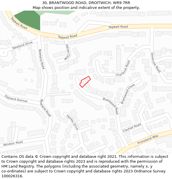 30, BRANTWOOD ROAD, DROITWICH, WR9 7RR: Location map and indicative extent of plot