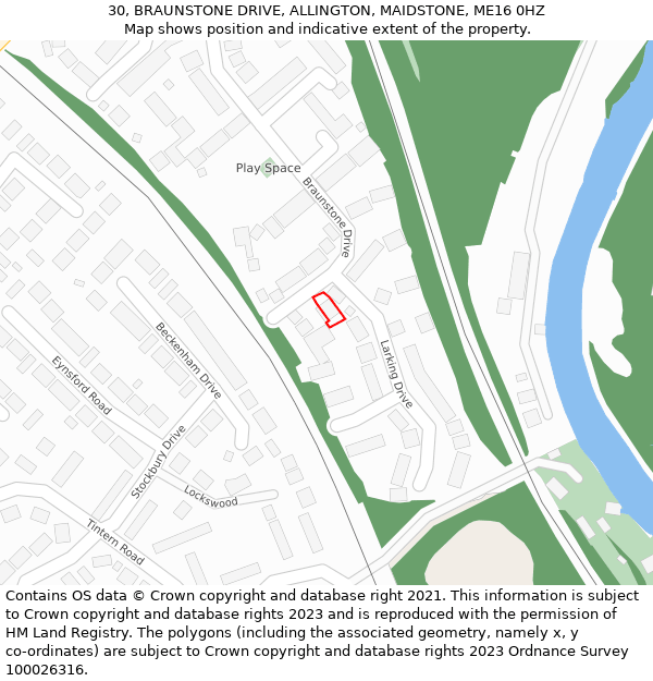 30, BRAUNSTONE DRIVE, ALLINGTON, MAIDSTONE, ME16 0HZ: Location map and indicative extent of plot