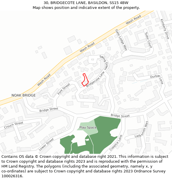 30, BRIDGECOTE LANE, BASILDON, SS15 4BW: Location map and indicative extent of plot