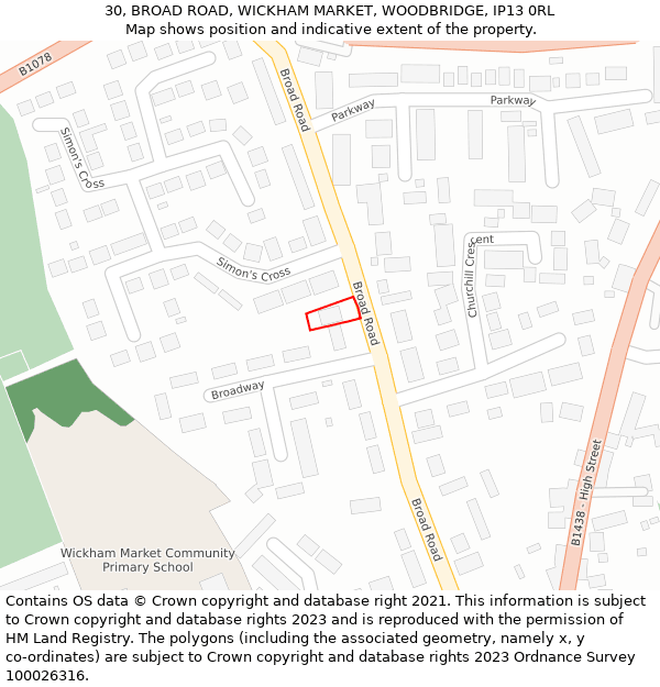 30, BROAD ROAD, WICKHAM MARKET, WOODBRIDGE, IP13 0RL: Location map and indicative extent of plot