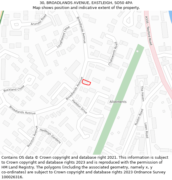 30, BROADLANDS AVENUE, EASTLEIGH, SO50 4PA: Location map and indicative extent of plot