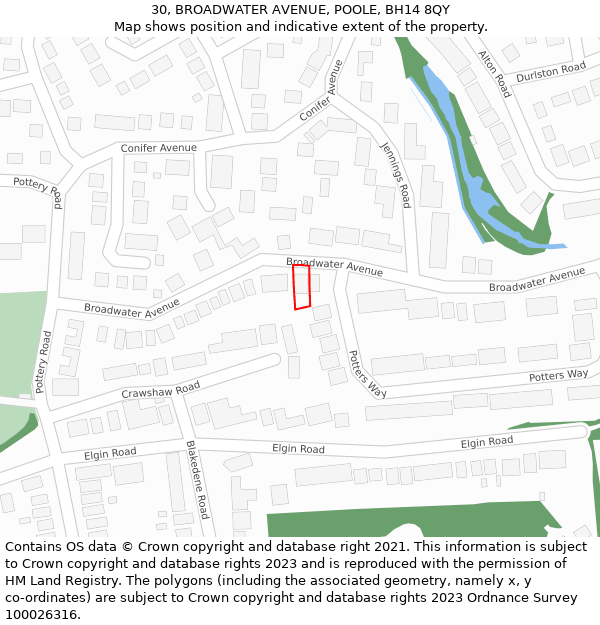 30, BROADWATER AVENUE, POOLE, BH14 8QY: Location map and indicative extent of plot