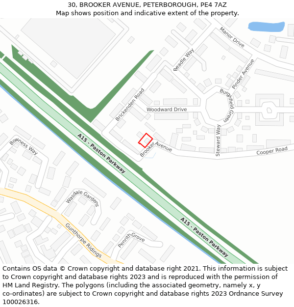 30, BROOKER AVENUE, PETERBOROUGH, PE4 7AZ: Location map and indicative extent of plot