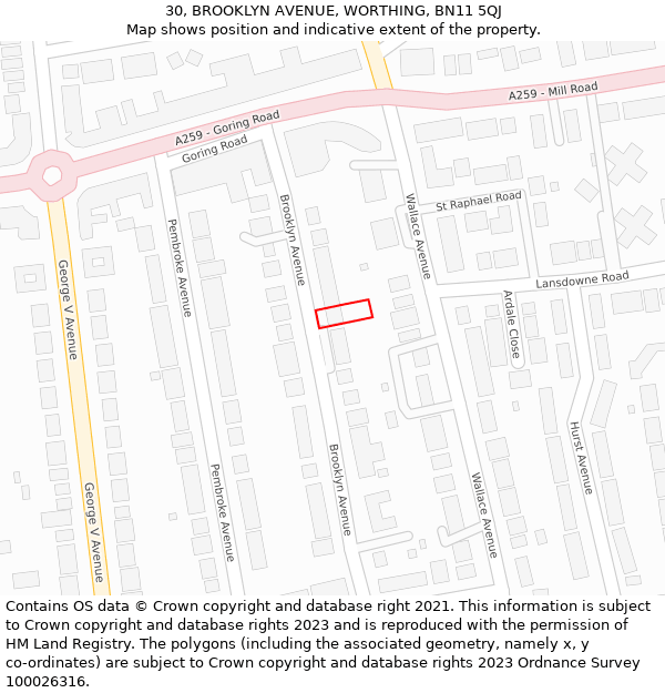30, BROOKLYN AVENUE, WORTHING, BN11 5QJ: Location map and indicative extent of plot