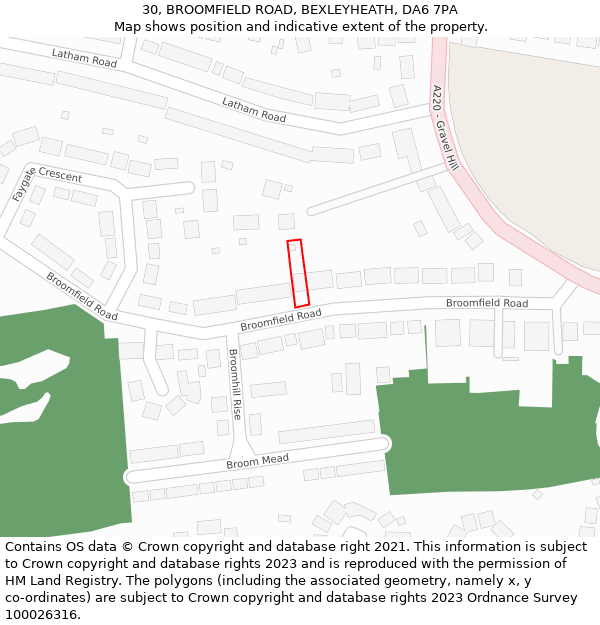 30, BROOMFIELD ROAD, BEXLEYHEATH, DA6 7PA: Location map and indicative extent of plot