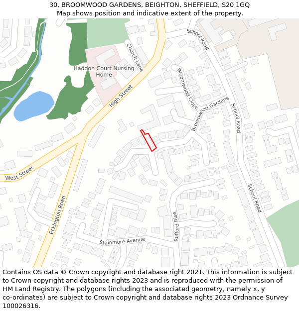 30, BROOMWOOD GARDENS, BEIGHTON, SHEFFIELD, S20 1GQ: Location map and indicative extent of plot
