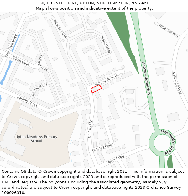 30, BRUNEL DRIVE, UPTON, NORTHAMPTON, NN5 4AF: Location map and indicative extent of plot