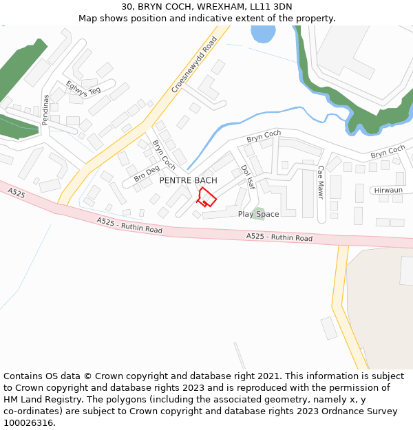 30, BRYN COCH, WREXHAM, LL11 3DN: Location map and indicative extent of plot