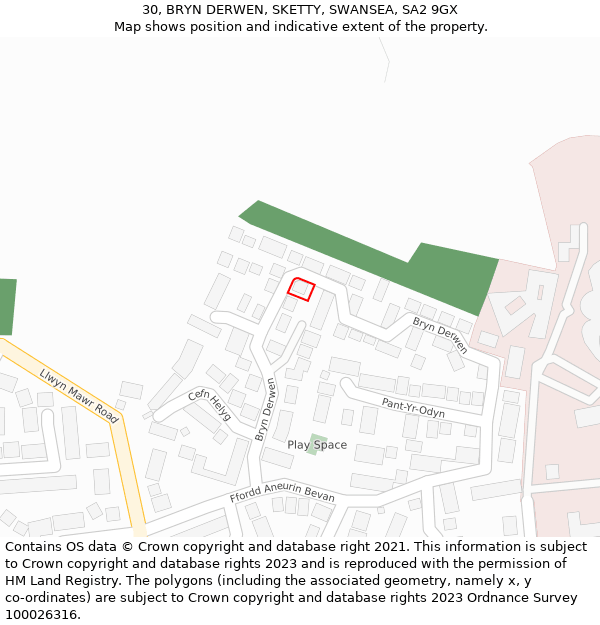 30, BRYN DERWEN, SKETTY, SWANSEA, SA2 9GX: Location map and indicative extent of plot