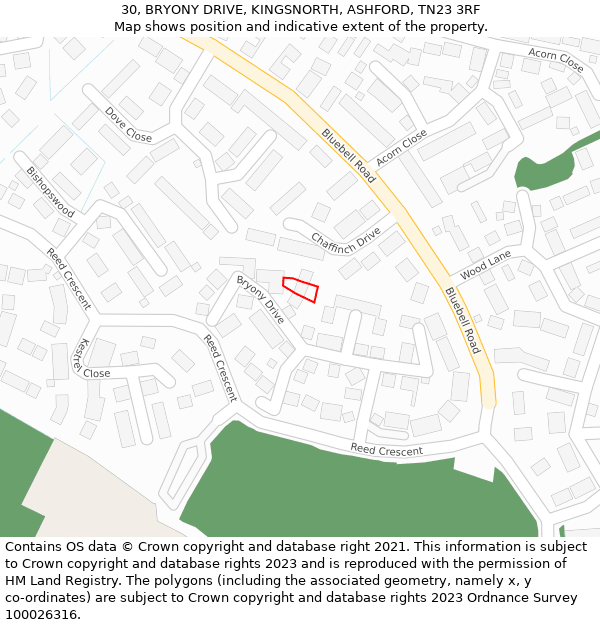 30, BRYONY DRIVE, KINGSNORTH, ASHFORD, TN23 3RF: Location map and indicative extent of plot