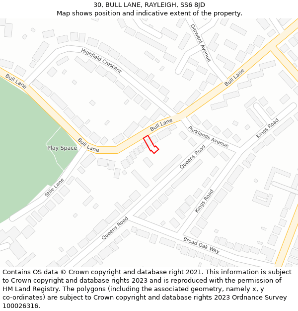 30, BULL LANE, RAYLEIGH, SS6 8JD: Location map and indicative extent of plot