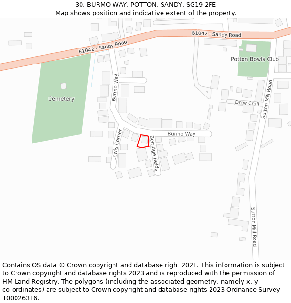 30, BURMO WAY, POTTON, SANDY, SG19 2FE: Location map and indicative extent of plot