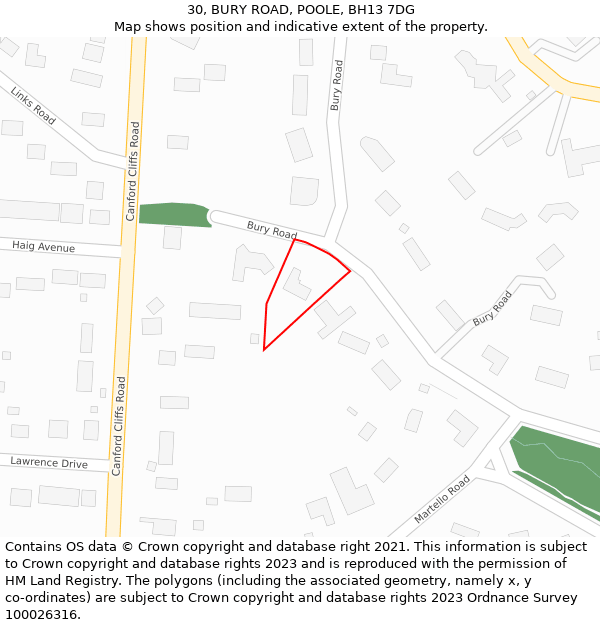 30, BURY ROAD, POOLE, BH13 7DG: Location map and indicative extent of plot