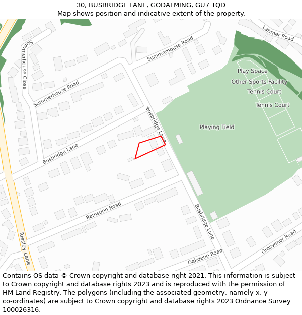 30, BUSBRIDGE LANE, GODALMING, GU7 1QD: Location map and indicative extent of plot