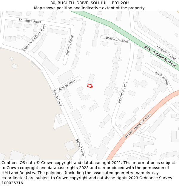 30, BUSHELL DRIVE, SOLIHULL, B91 2QU: Location map and indicative extent of plot