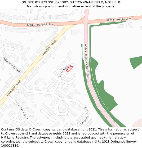 30, BYTHORN CLOSE, SKEGBY, SUTTON-IN-ASHFIELD, NG17 3LB: Location map and indicative extent of plot