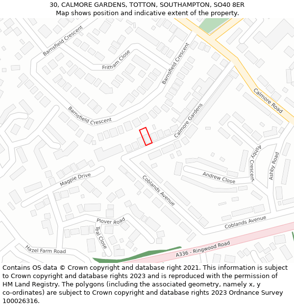 30, CALMORE GARDENS, TOTTON, SOUTHAMPTON, SO40 8ER: Location map and indicative extent of plot